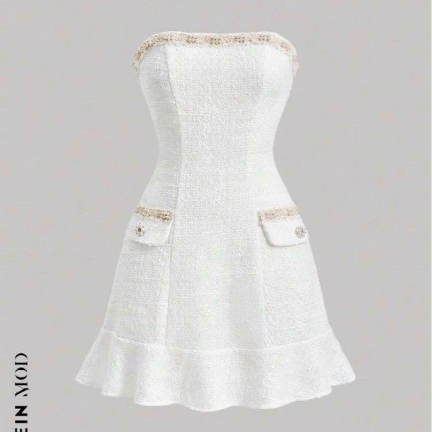 Elegant White Strapless Dress With Pearl Accents
